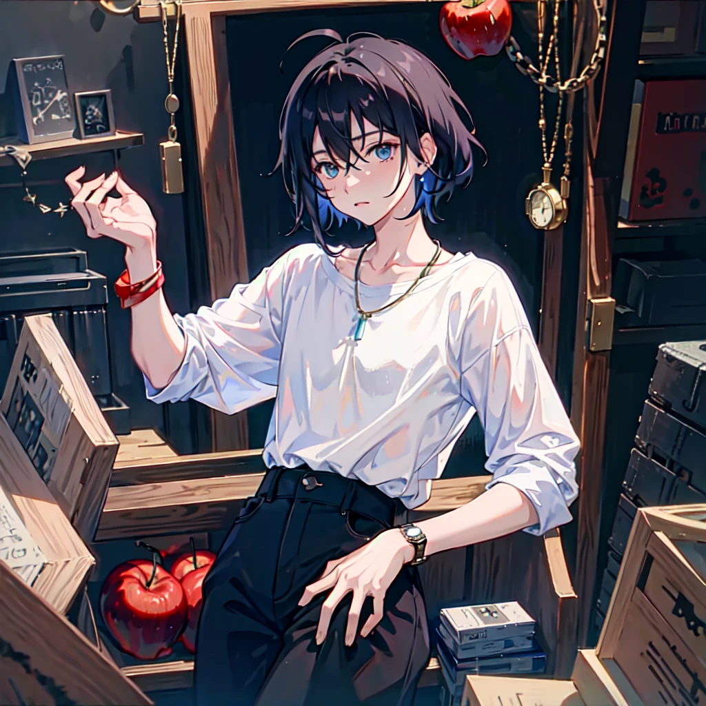 1boy, apple, bag, bangs, berry, black hair, black shirt, blue eyes, hair between eyes, jewelry, leaf, looking at viewer, male focus, necklace, pants, shirt, solo, watch, white pants, wristwatch, messy hair, trending on artstation, 8k resolution, highly detailed, anatomically correct, sharp image, digital painting, concept art, trending on pixiv, style of makoto shinkai,