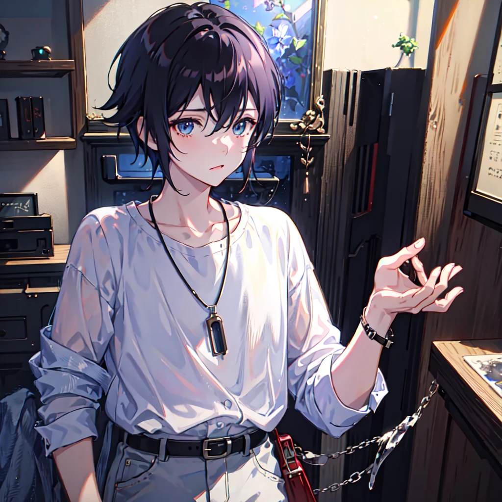 1boy, apple, bag, bangs, berry, black hair, black shirt, blue eyes, hair between eyes, jewelry, leaf, looking at viewer, male focus, necklace, pants, shirt, solo, watch, white pants, wristwatch, messy hair, trending on artstation, 8k resolution, highly detailed, anatomically correct, sharp image, digital painting, concept art, trending on pixiv, style of makoto shinkai,