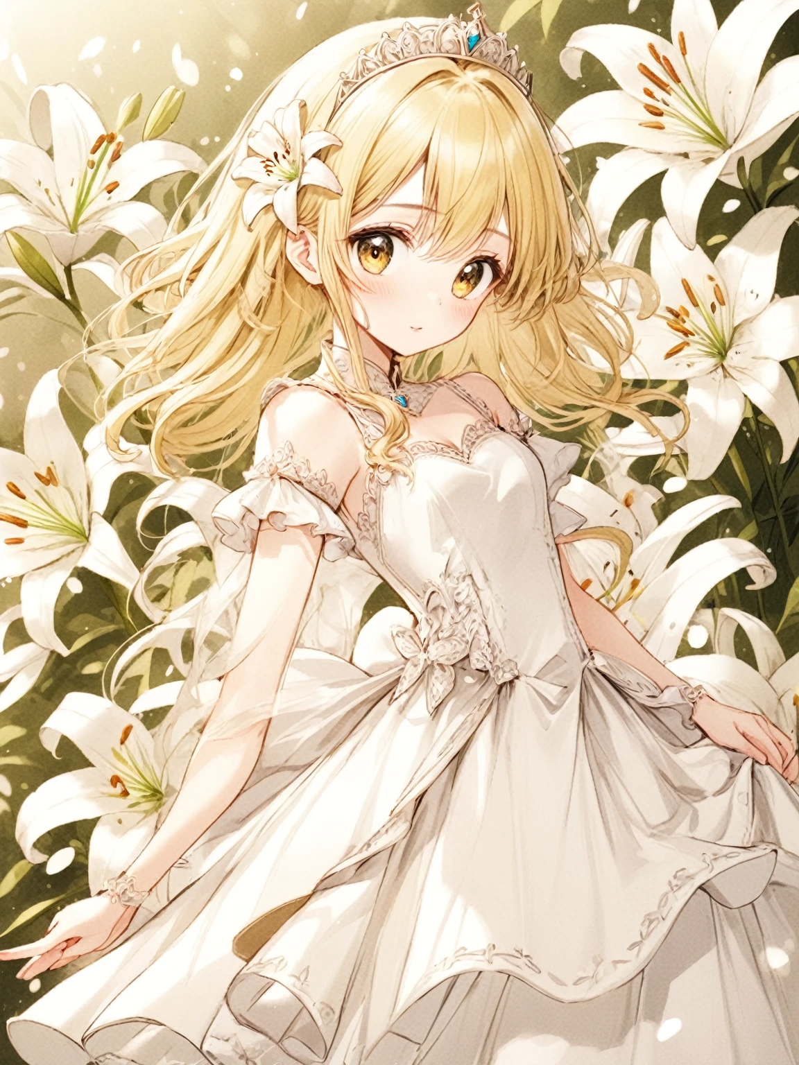 Female, anime style princess, cute, pretty, blonde hair, white dress, lily
