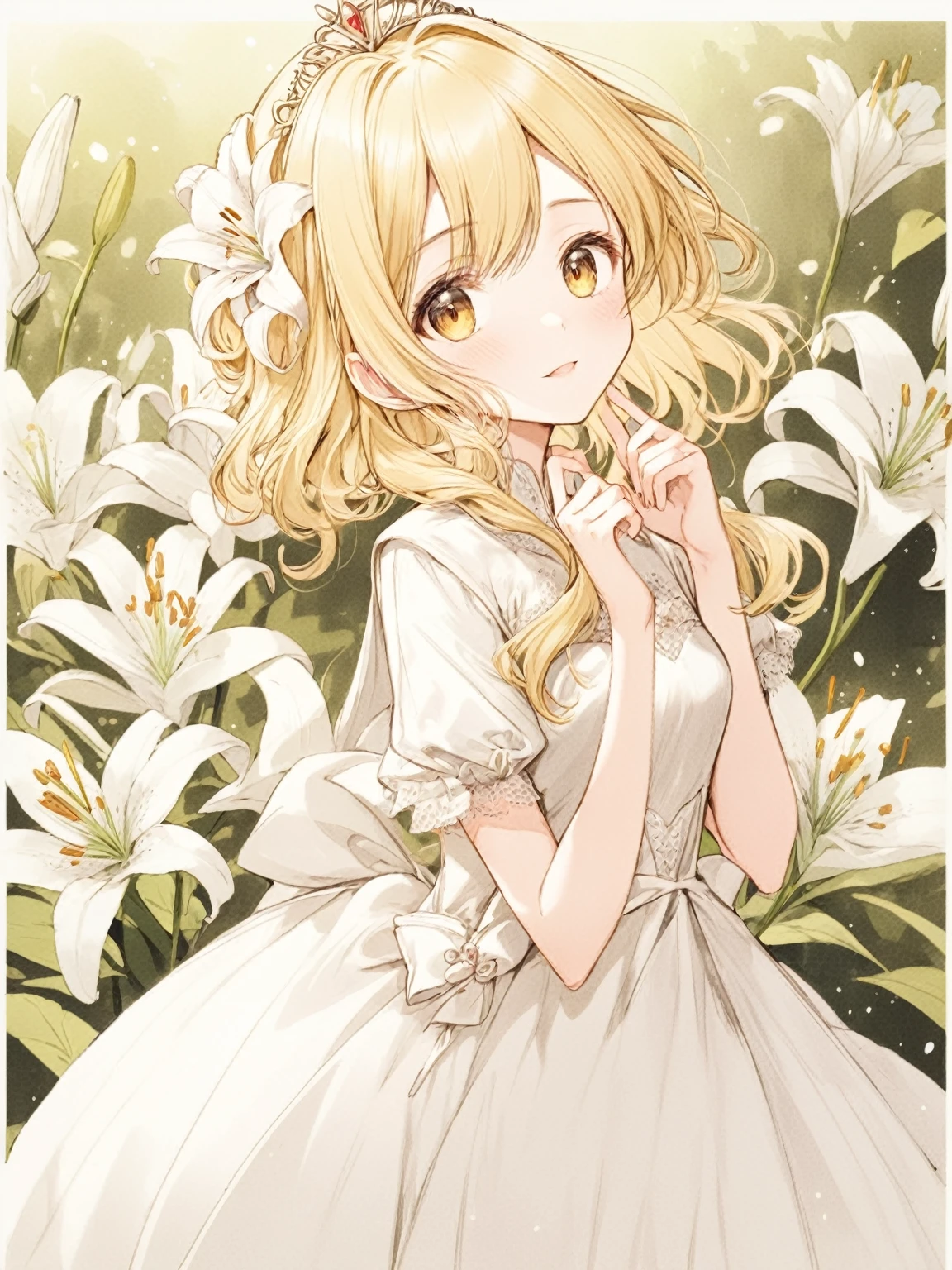 Female, anime style princess, cute, pretty, blonde hair, white dress, lily
