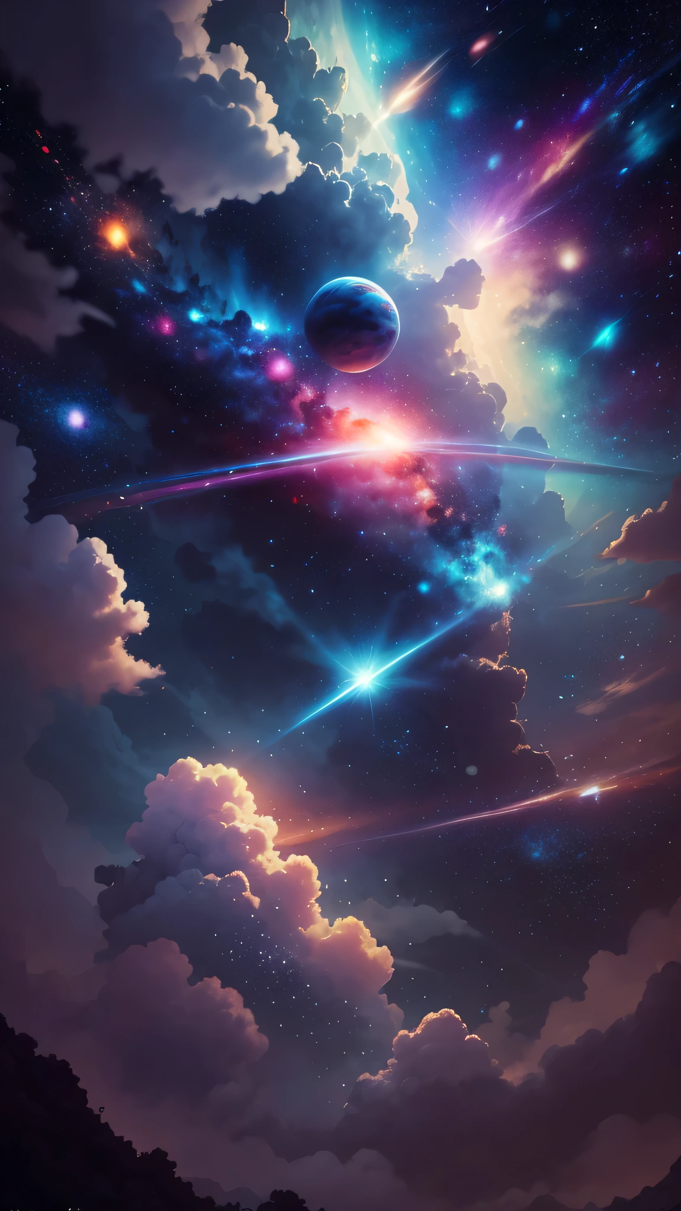 Background with bright white stars in the style of Hayao Miyazaki、A universe with all planets painted in blue and pink, — Air 21:9, 4K quality