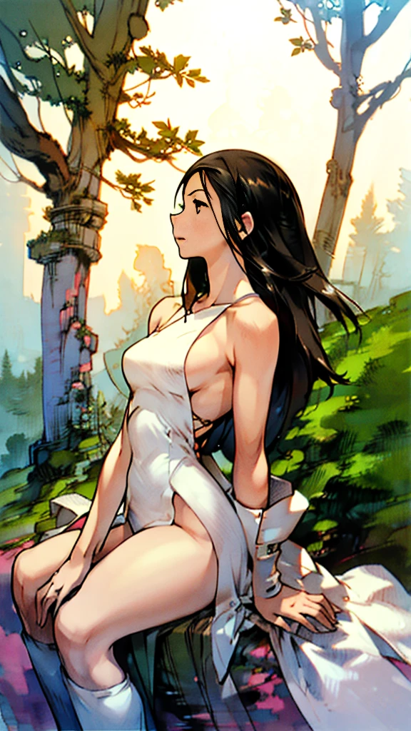 White Bikini、profile、Upper Body、Black Hair、Large Breasts、forest、24-years-old、