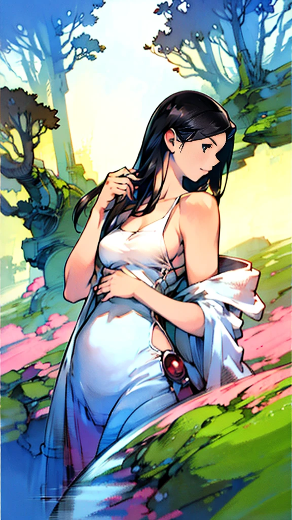 White Bikini、profile、Upper Body、Black Hair、Large Breasts、forest、24-years-old、
