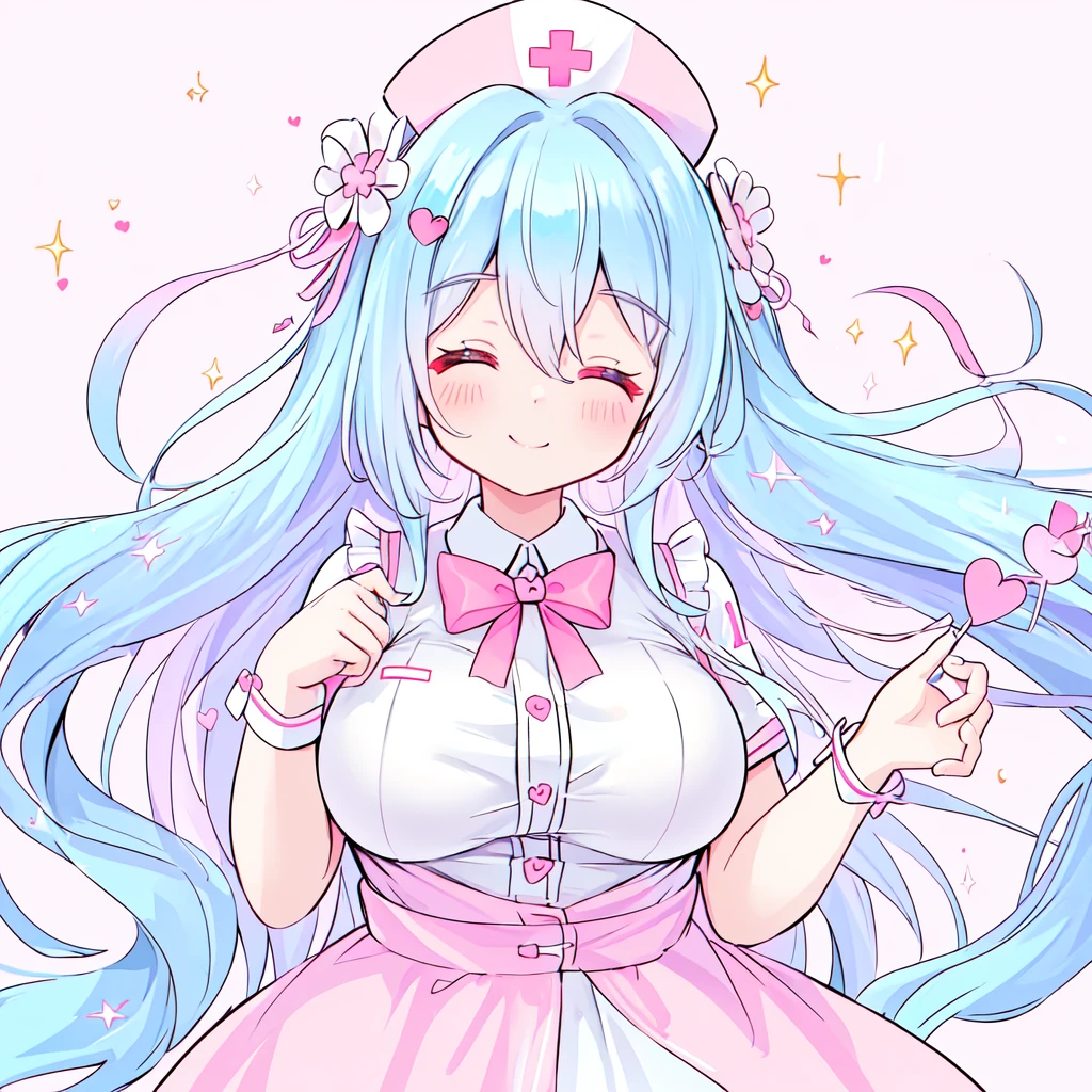 beautiful a girl wearing a pink nurse uniform and a pink nurse cap,, (highest quality,masterpiece,16K or 8K,Super detailed,gradient glitter ),(Upper body、front), background Colorful heart,  beautiful, masterpeace, highest quality、gradient hair, light blue hair, floating hair, wavy hair,fluffy hair、 Hair in the wind, pastel wreath heart-shaped hairpins with a red cross inside, Lavender colored eyes,large breast, long eyelashes, beautiful eyes, light smile, bright pupils, (a girl closed her eyes and opens her mouth and smiles happily.),digital illustration, highest quality,High resolution,  romantic academia, romantic atmosphere, fantasy, white background, happy, laughing,
