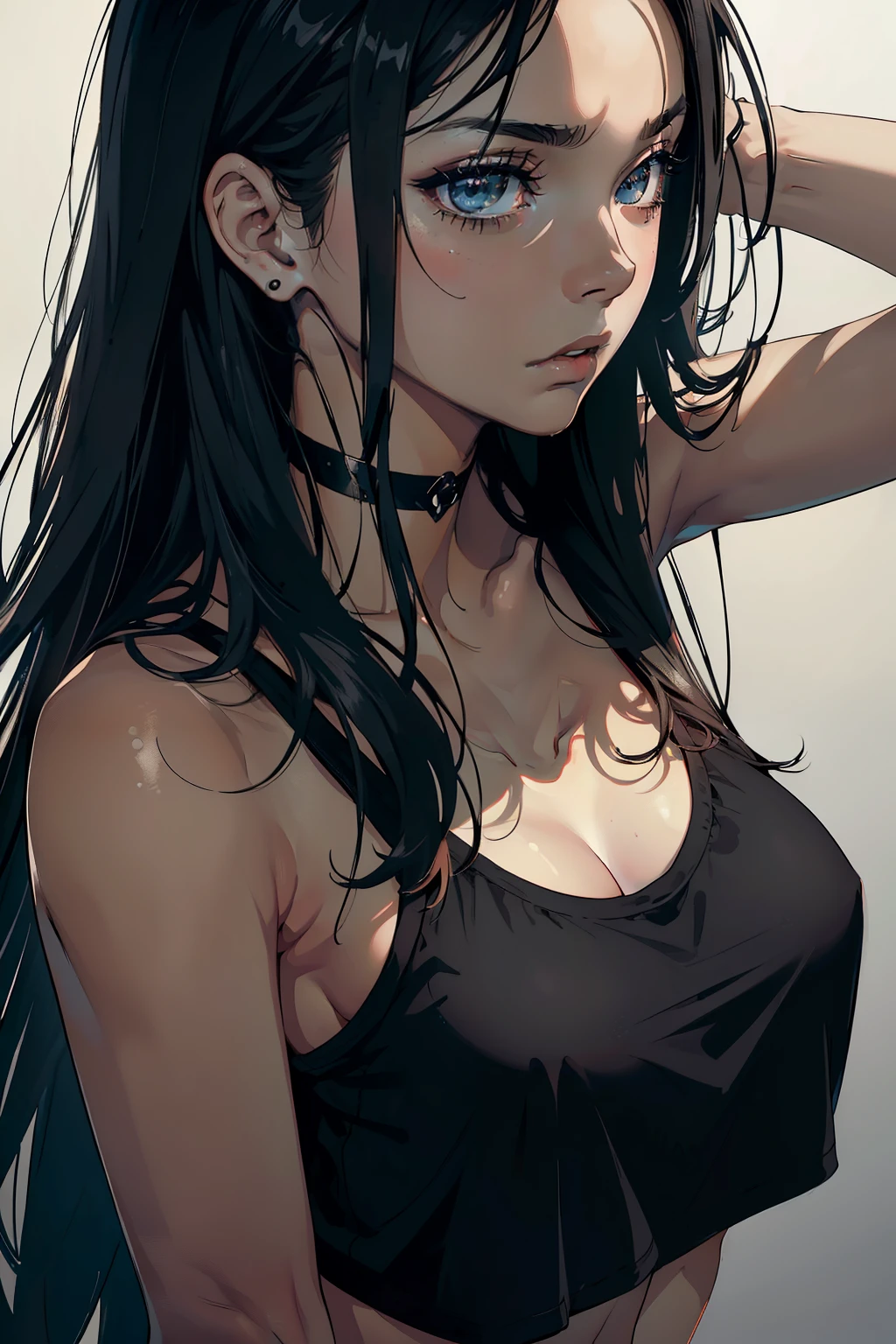 (Masterpiece), (High Quality), (1 girl), (gear), (long hair, flowing black), (simple tank top), (plain white background), (medium breasts), (close-up shot), (deep focus), (dramatic lighting), (realistic skin texture), (subtle contouring), (whispered expression), (sultry gaze), (edgy attitude), (bold makeup: dark eyeliner, glossy lips), (Captured Moment: Suspense or contemplation)