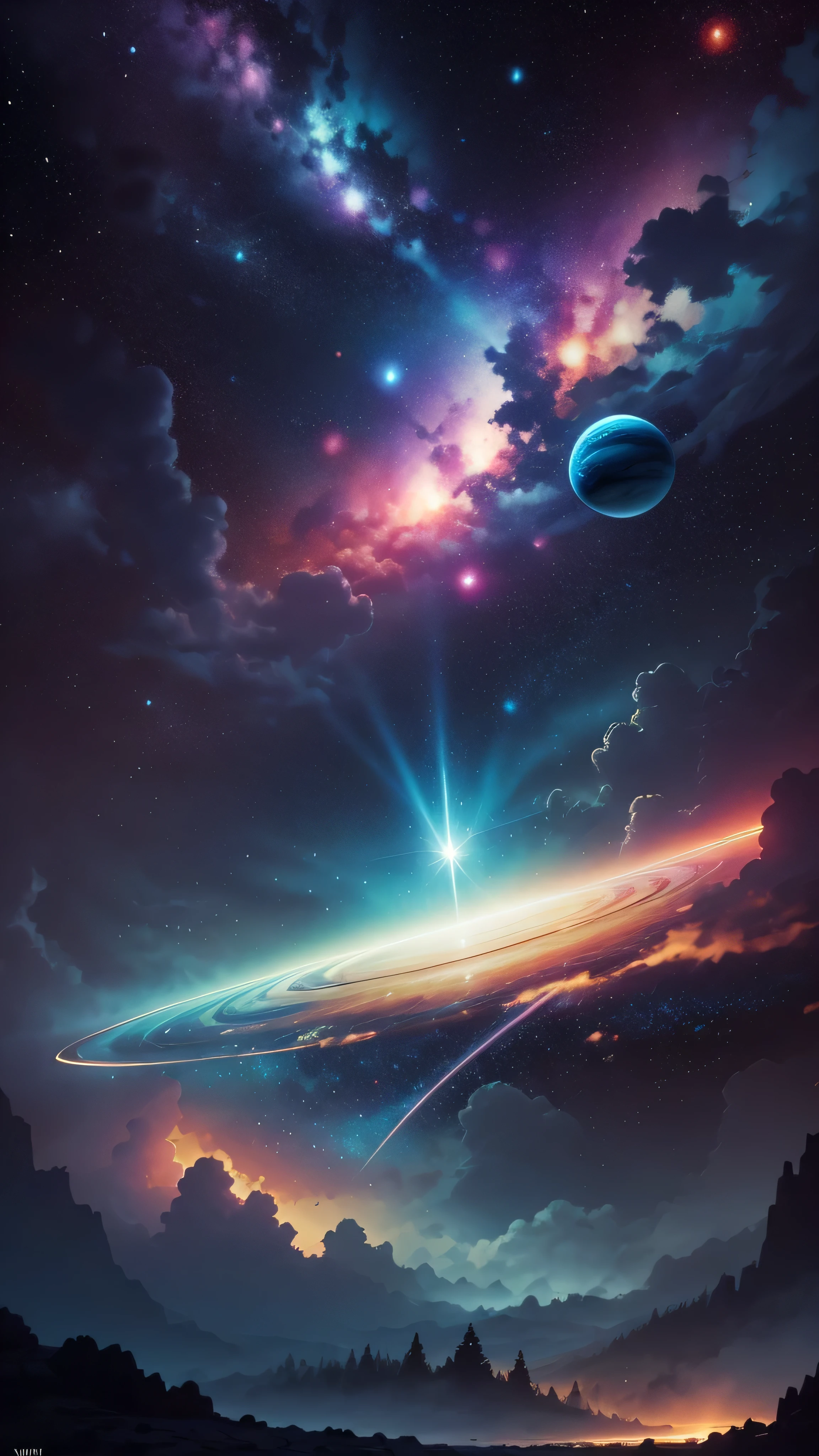 Background with bright white stars in the style of Hayao Miyazaki、A universe with all planets painted in blue and pink, — Air 21:9, 4K quality