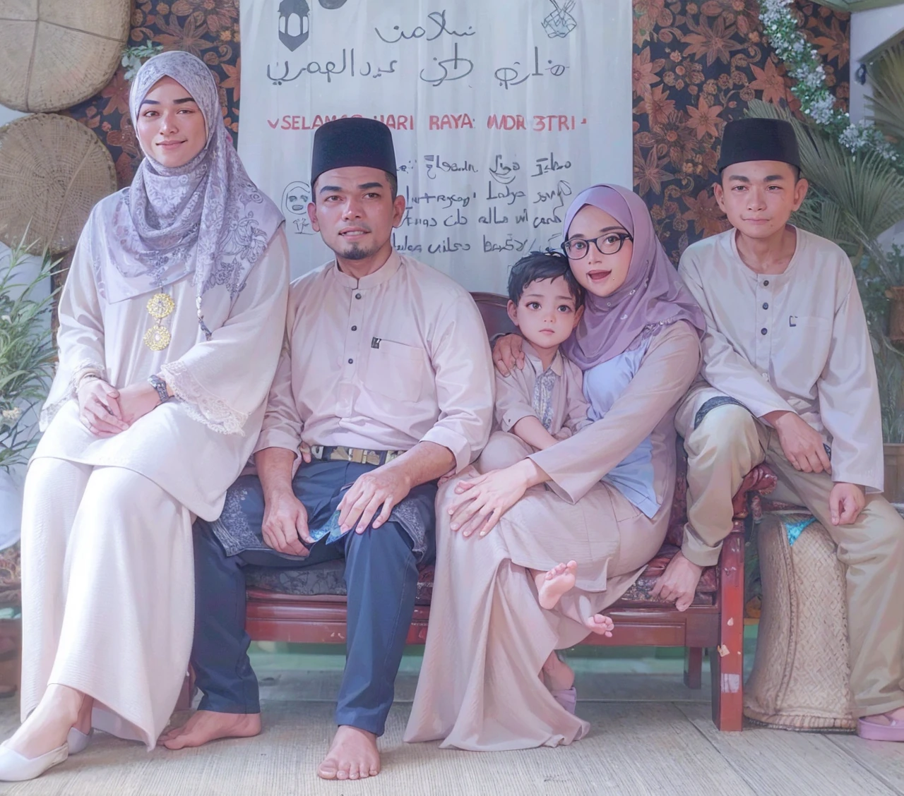 Malay men and wife with hijab with eye glass. One old daughter. Second boys and third girl