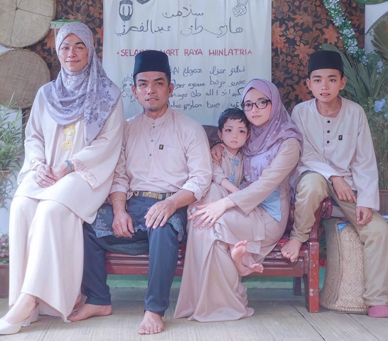 Malay men and wife with hijab with eye glass. One old daughter. Second boys and third girl