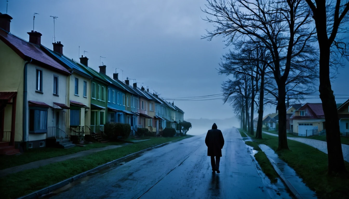man walking, street full of houses, ominous night