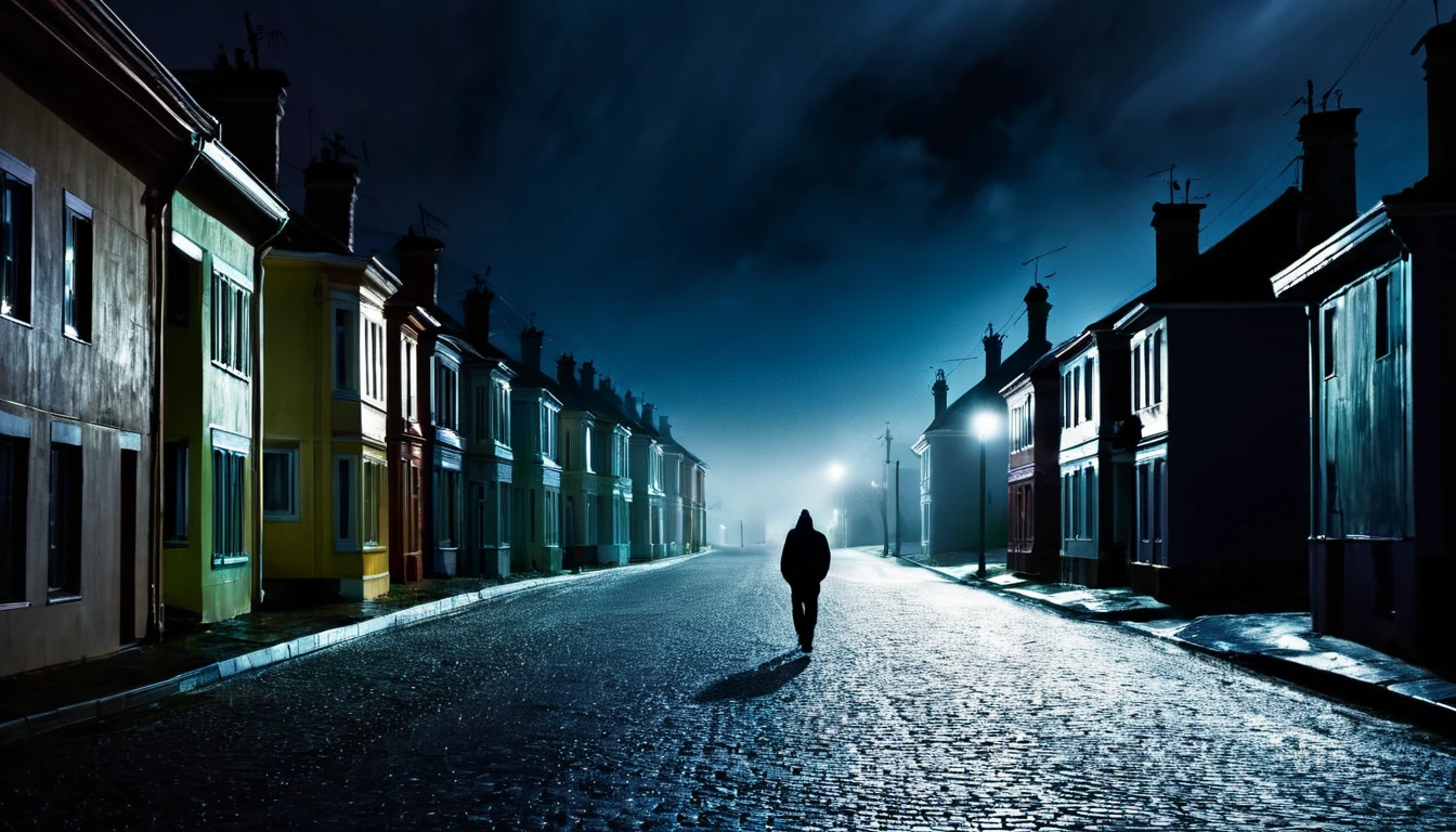 man walking, street full of houses, ominous night