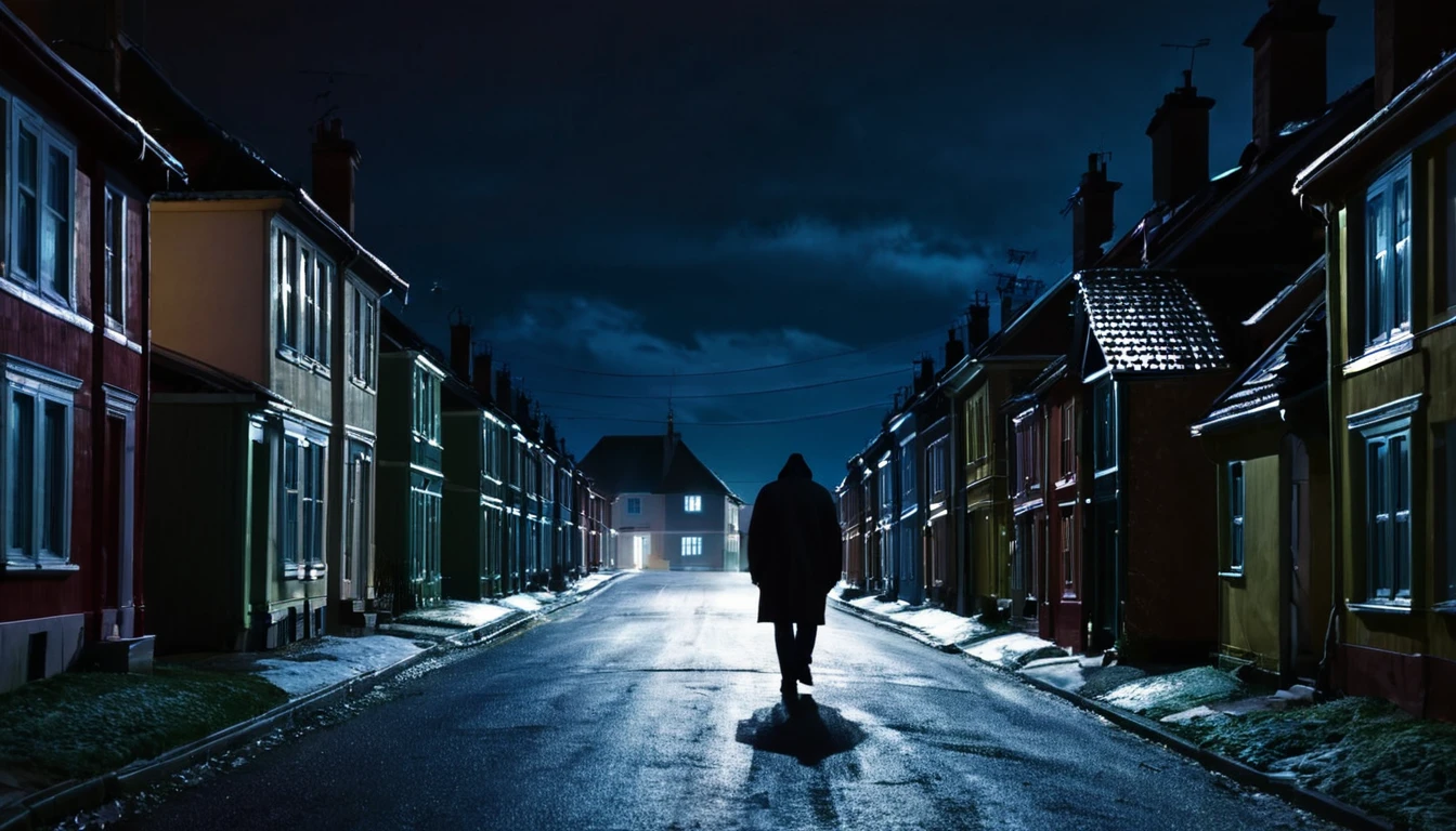 man walking, street full of houses, ominous night