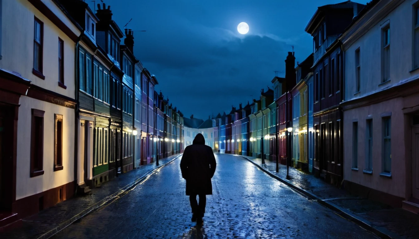 man walking, street full of houses, ominous night