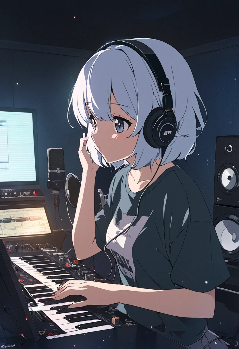 Anime girl wearing headphones recording a song in a recording studio, Lo-fi Girl, Lofi Artstyle, IG Studio Anime Style, Studio Greeble Makoto Shinkai, Conrad Rothe and Makoto Shinkai, Lofi Art, anime still film anime shikishi, Makoto Shinkai's art style, With headphones, Atei Gailan Style