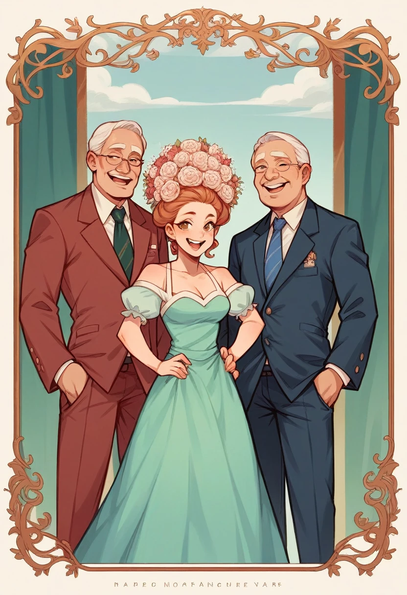 cartoon style caricature, a 35 year old man standing side by side with a 20 year old woman. Men should have big heads and small bodies, wear suits and ties with friendly smiles. Women should also have large heads and smaller bodies, wearing beautiful and graceful dresses suitable for weddings. Both should have happy and excited expressions. The backdrop should depict the wedding scene with decorations, guests, and the wedding venue visible to emphasize the context of the event.