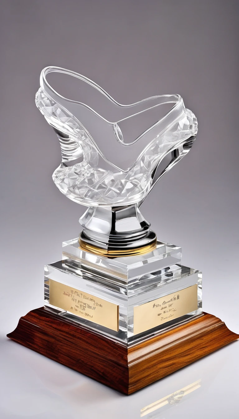 A crystal trophy made of a pair of dancing shoes,Wooden base,There is a metal nameplate on the base;Dance shoes staggered rise,Ribbon embellishment。White background。Front view。