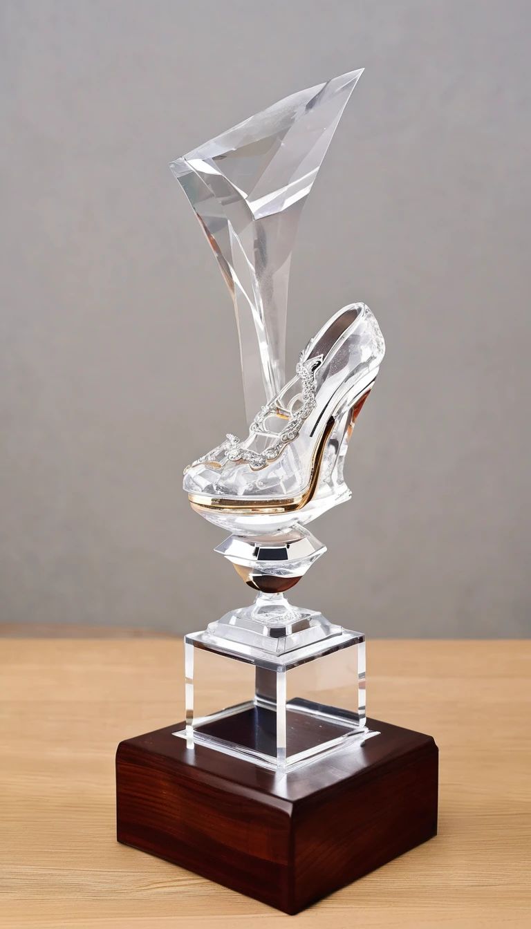 A crystal trophy made of a pair of dancing shoes，Wooden base，There is a metal nameplate on the base；Dance shoes staggered rise，Ribbon embellishment。White background。Front view。