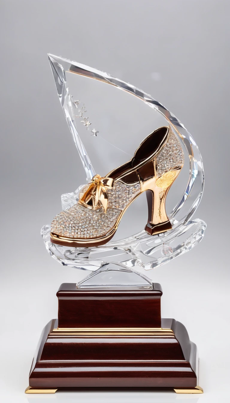 A crystal trophy made of a pair of dancing shoes,Wooden base,There is a metal nameplate on the base;Dance shoes staggered rise,Ribbon embellishment。White background。Front view。