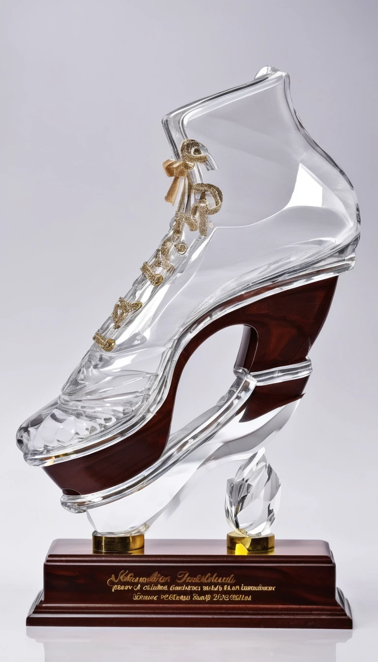 A crystal trophy made of a pair of dancing shoes，Wooden base，There is a metal nameplate on the base；Dance shoes staggered rise，Ribbon embellishment。White background。Front view。