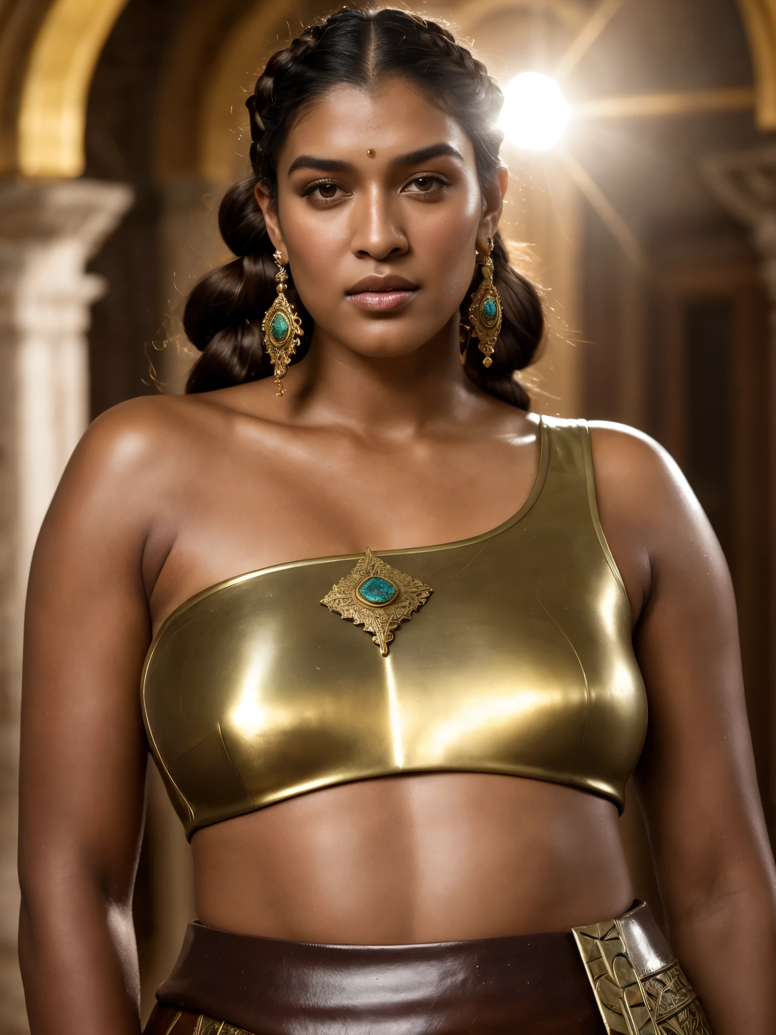 Foto RAW, close up portrait of a 40 year-old gorgeous confident blasian dark-skinned medieval fantasy queen, extremely gorgeous, looks like Kriti Sanon,  oily skin, shining skin, skin pores, almond-shaped eyes, plump lips, gorgeous hazel-colored eyes, long hair, dutch braids, elaborate hairdo, serious look, steadfast expression, slim, body oil, moisturizing oil, tanning oil, oiled body, glowing skin, skin pores, rich regal traditional fantasy north african regal clothes, filigree jewels, in a fantasy north african palace, (backlighting), ancient mysterious Kingdom background, realistic, masterpiece, highest quality, lens flare, shade, bloom, [[chromatic aberration]], by Jeremy Lipking, by Antonio J. Manzanedo, digital painting, (pele altamente detalhada: 1.2), 8k UHD, DSLR, alta qualidade, grain of film, Fujifilm XT3