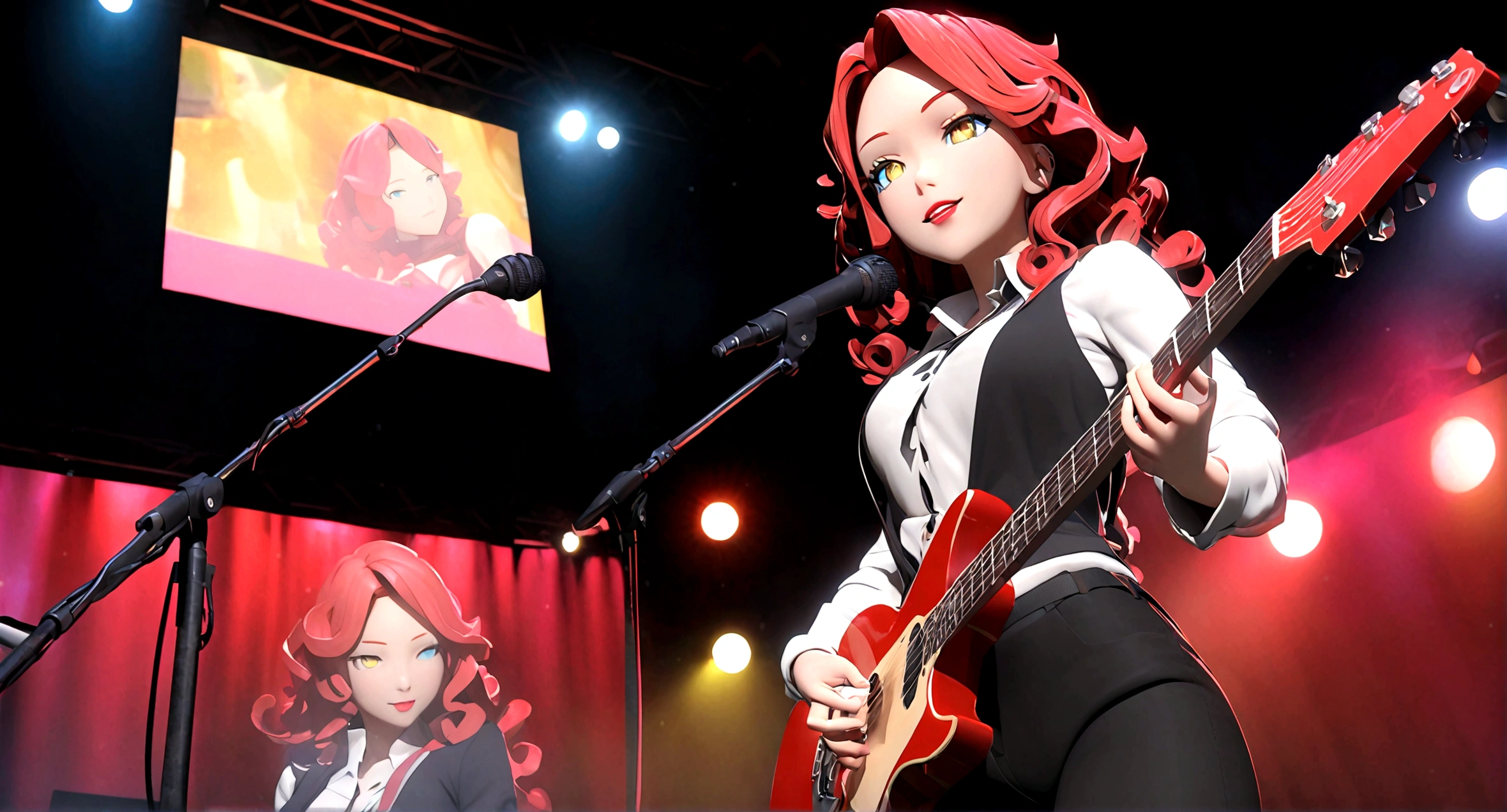 3D anime character,animate,real,1 girl,30 years old,glamorous,medium hair,((perm)),wavy hair,red hair,forehead,Voluminous curly hair,seductive smile,Light blue eyeshadow,red eyebrows,yellow eyes,tsurime,narrow eyes,half opend eyes,red lips,Confident expression,light smile,calm,black vest,white shirt,collared shirt,Unbutton the top button of shirt,black pants, BREAK standing,singing,play the red guitar,stage,The background features bold,colorful lettering and stage lights,capturing a lively,energetic performance