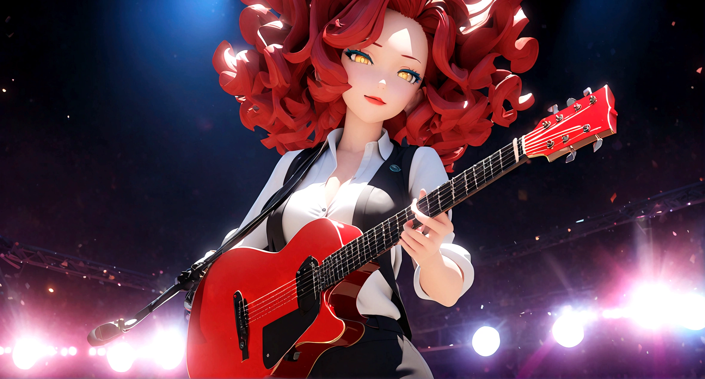 3D anime character,animate,real,1 girl,30 years old,glamorous,medium hair,((perm)),wavy hair,red hair,forehead,Voluminous curly hair,seductive smile,Light blue eyeshadow,red eyebrows,yellow eyes,tsurime,narrow eyes,half opend eyes,red lips,Confident expression,light smile,calm,black vest,white shirt,collared shirt,Unbutton the top button of shirt,black pants, BREAK standing,singing,play the red guitar,stage,The background features bold,colorful lettering and stage lights,capturing a lively,energetic performance