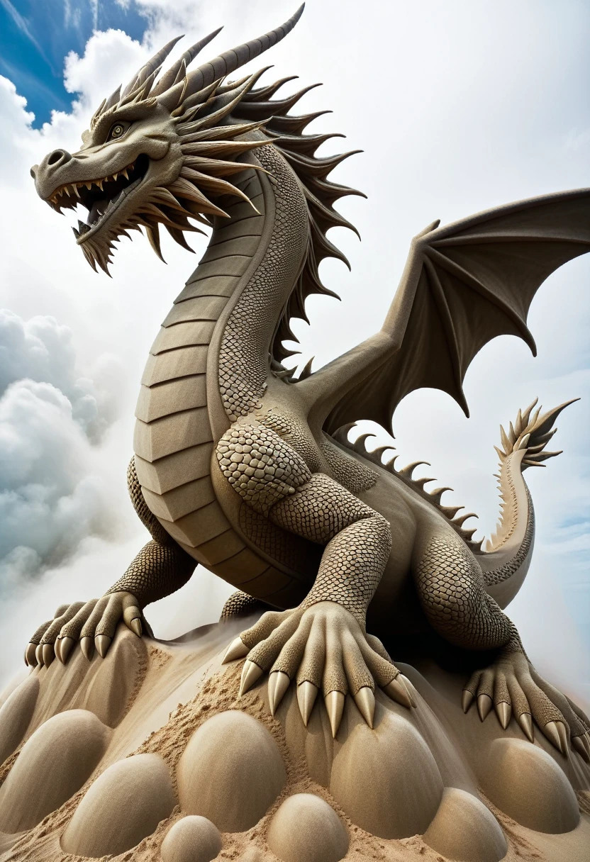 Sand sculpture style,  A giant dragon came riding on the clouds，Windswept clouds，Bubbles swirling in the air.