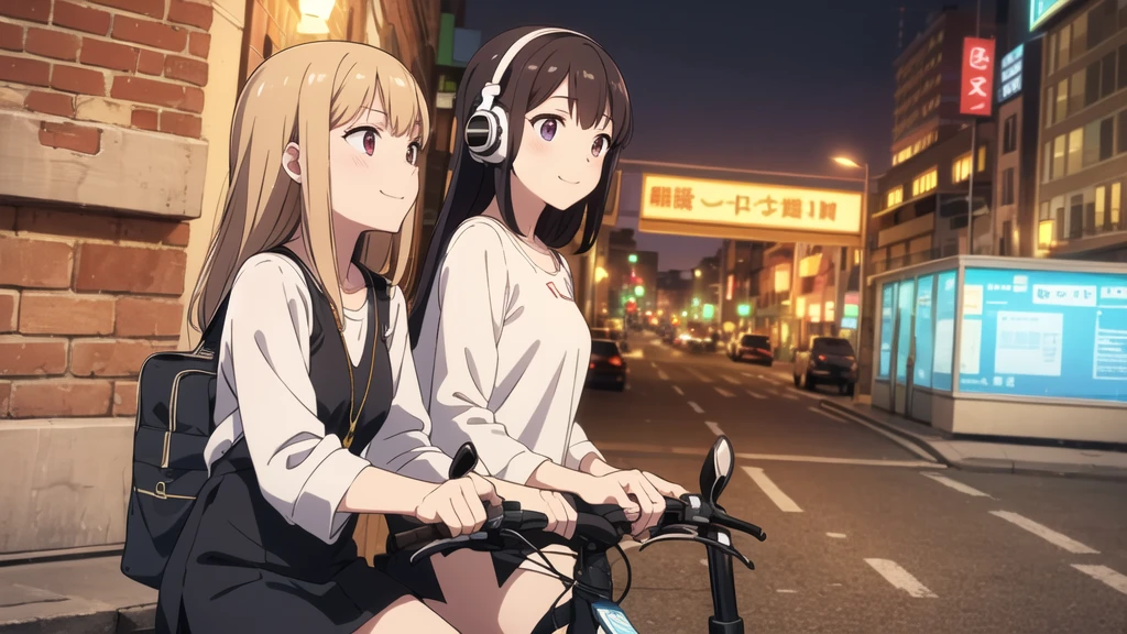 (8k, High resolution, Best Quality, Masterpiece:1.2), Lo-Fi, Relaxed girl listening to music with a headset 1, bicycle, smile, はにかんだsmile, In the city, neon