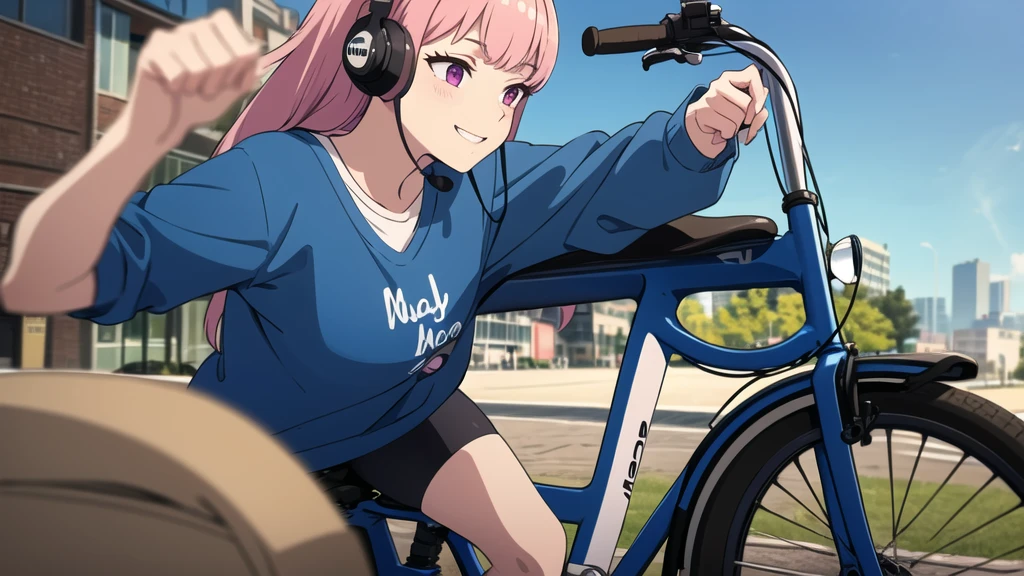 (8k, High resolution, Best Quality, Masterpiece:1.2), Lo-Fi, Relaxed girl listening to music with a headset 1, bicycle, smile, はにかんだsmile, In the city, neon