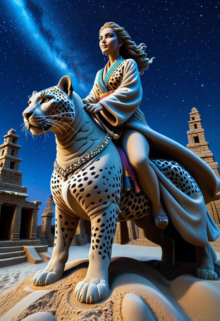 Sand sculpture style,  Ultra-clear details，Spectacular sights，A huge crystal leopard gallops towards，Beautiful girl riding on his back，Wearing a colorful robe，Gallant，Leopard eyes flash mysterious blue light，The background is set under the deep starry sky，Surrounded by ancient ruins，Moonlight pours down，The beauty has a calm and brave face。