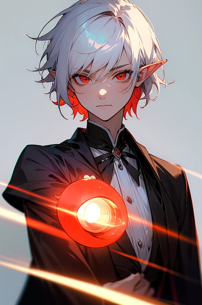 masterpiece, best quality, ((1 MAN)), (colorful),(finely detailed beautiful eyes and detailed face),cinematic lighting,extremely detailed CG unity 8k wallpaper, (light theme:1.6), Overcoat, white hair and ((red eyes)), red enviroment, blood, boy, time lord, ((1 MALE)), body shot, manly male, ((short hair)) ((elf earANLY))) (Dracula)