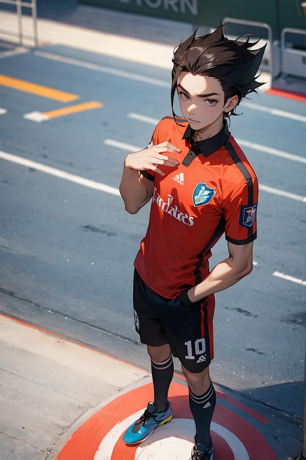 1male, soccer player, dark colored hair, straight hair, soccer jersey, soccer background, detailed background, hands to side, standing on path