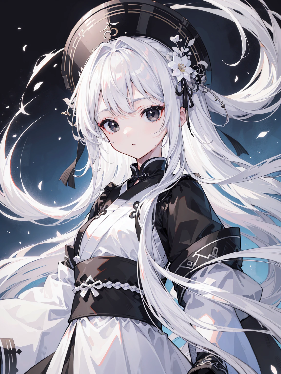 (Top image quality)、(Ultra Detailed)、(Facing forward)、top quality、masterpiece、(((1 girl)))、Silver Hair、white hair、((Long hair))、(black eyes:1.6)、(Hanfu)