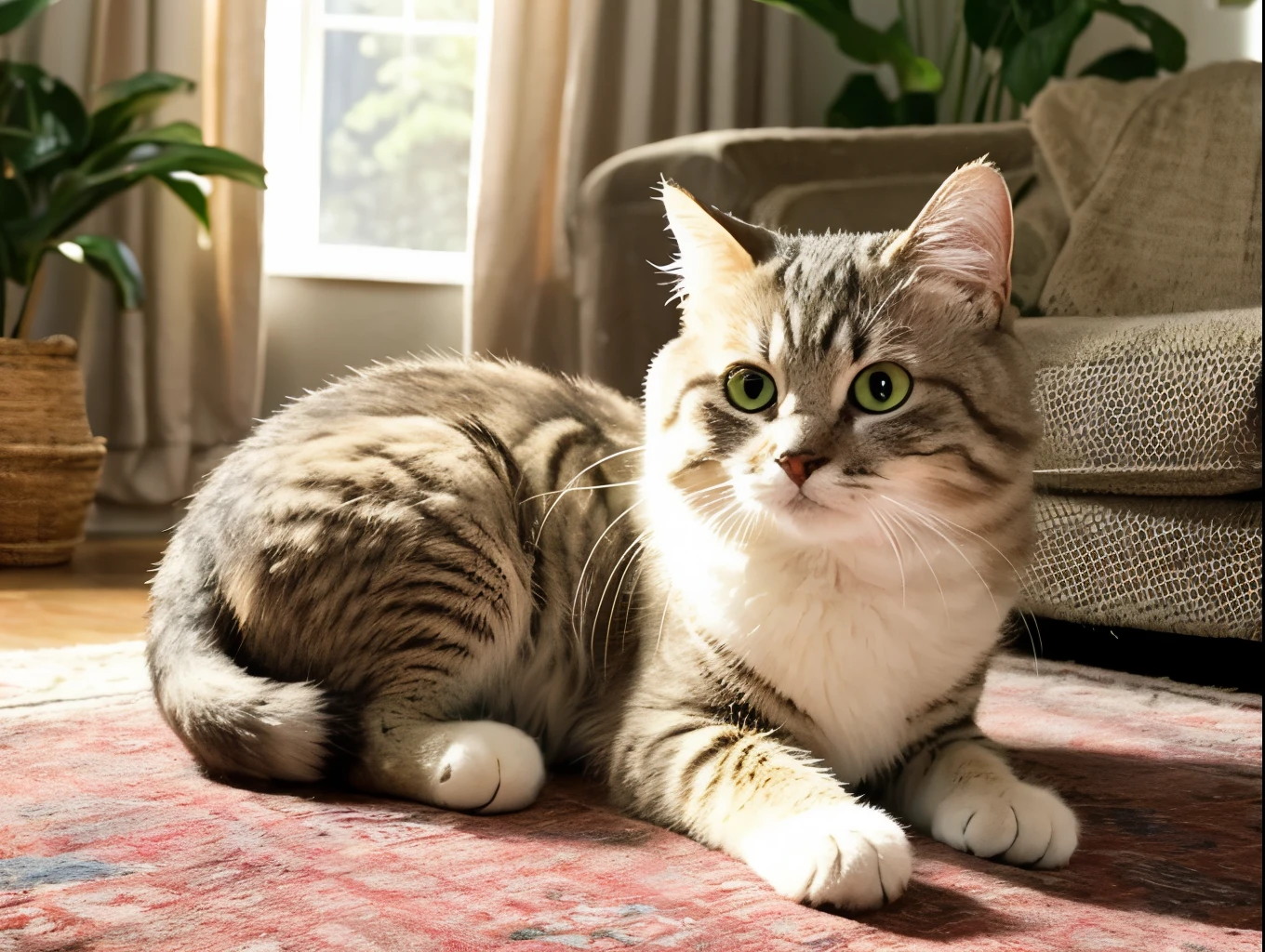 A charmingly mischievous kitten, playfully chasing after a sunbeam in a cozy living room. Its fluffy white fur contrasts beautifully with the vibrant floral rug underneath, while its bright green eyes sparkle with curiosity. The photograph captures the cat mid-pounce, showcasing its graceful movements and tiny, delicate paws. Each whisker seems to glisten in the soft light, adding to the overall enchanting atmosphere of the scene. This high-quality image perfectly conveys the irresistible charm of a cute little cat in its natural element.