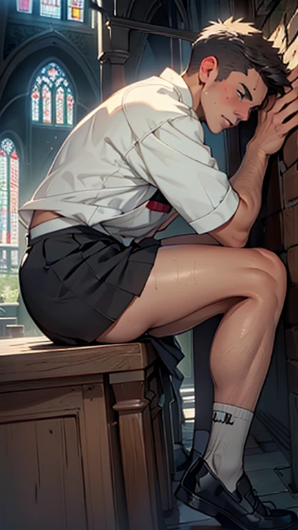 boy male (masterpiece: 1.3), (Maximum resolution: 1.2), (Ultra high-definition TV: 1.2), cinema light, 8K resolution, detailed facial features, focus on the face, Perfect style, cute face, accurate, Anatomically correct, beautiful eyes, Beautiful ass、 shiny skin, fair skin, Glossy skin、Glossy lips、 (embarrassed look: 1.2), guy、20 years old, Flashback shot of the rear loam、Bottom angle, Low - Angle, from behind, Handsome, (skirt rise: 1.4), loose and wrinkled white panties, Women's stockings, blush、humiliation、impatience、Tears、embarrassing、surprised expression、expression of anger、Disgusting face、glare、 (uniform monka:1.2)、apron,sweaty blue eyes、soaking wet、Dripping cum、Cum in ass、cum on thigh、Dripping cum、Attractive ass、open panties、disheveled clothes、label、church、stained glass、