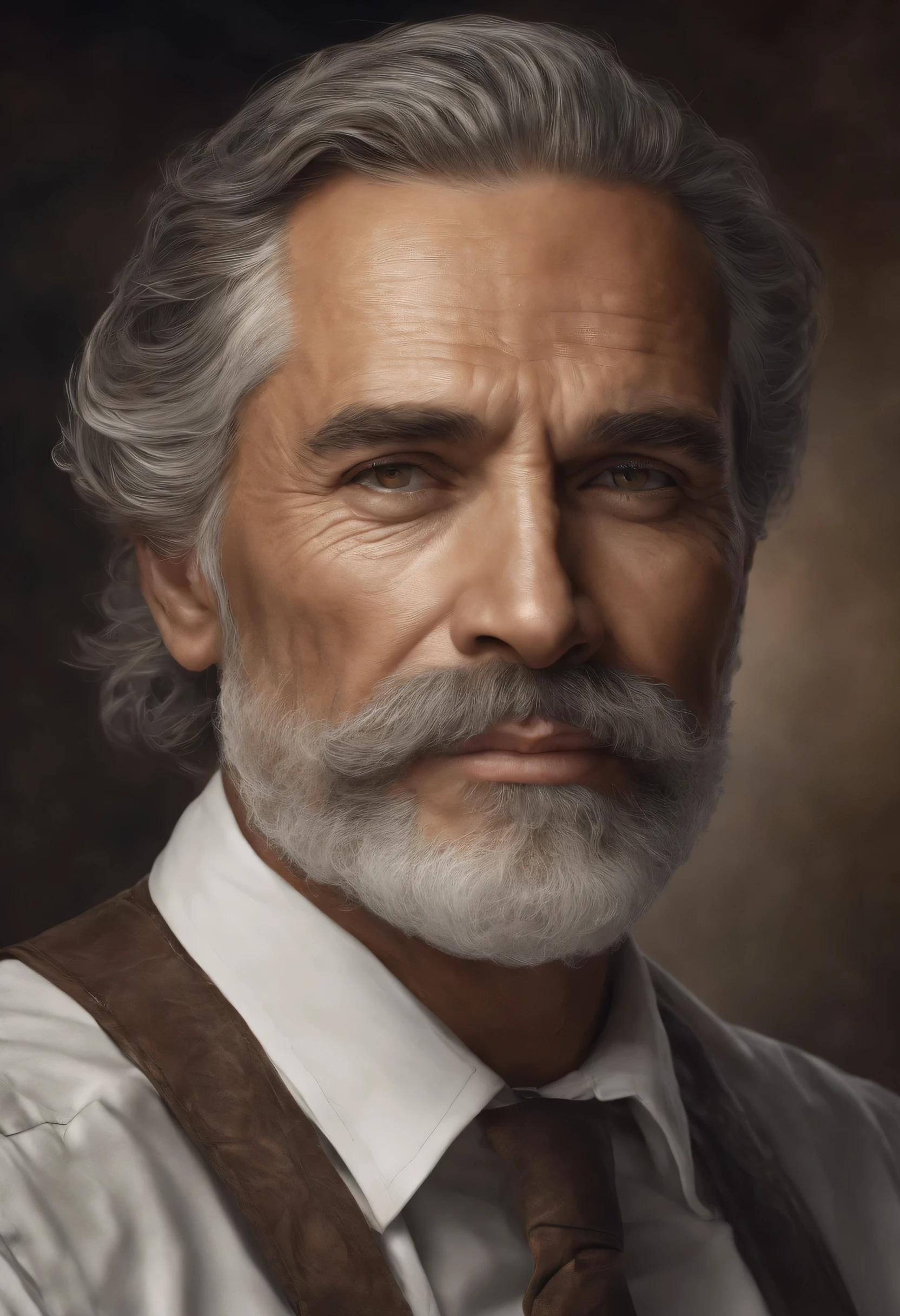 pedro,medium:oil painting,(best quality,4k,8k,highres,masterpiece:1.2),ultra-detailed,(realistic,photorealistic,photo-realistic:1.37),portrait,serious, smile expression,bearded man,aged man,dark eyes,weathered skin,facial wrinkles,gray hair,elegant suit,brown hat,closed lips,strong jawline,studio lighting,vivid colors,warm tones,subtle shadows, concentrated gaze,aged hands,fine brushwork,detailed texture,traditional background,impressive background detail, white shirts,