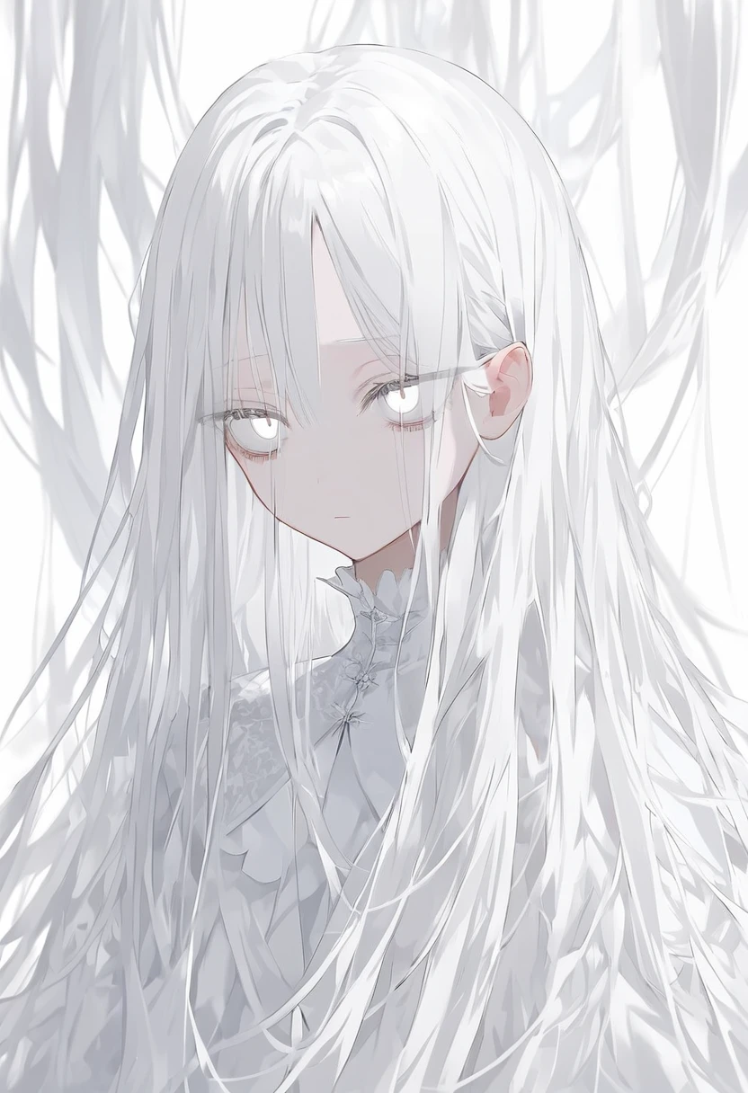 off white色、off white、Girl、Light white hair、Hair color is off white、Thin hair white、Long Hair、Eye color is pale white、Pale white eyes、Off-white eyes、All of the eyes are off white、All-white girl、off white色のGirl、White background、White background、White room、There are highlights on the eyes、emotionless