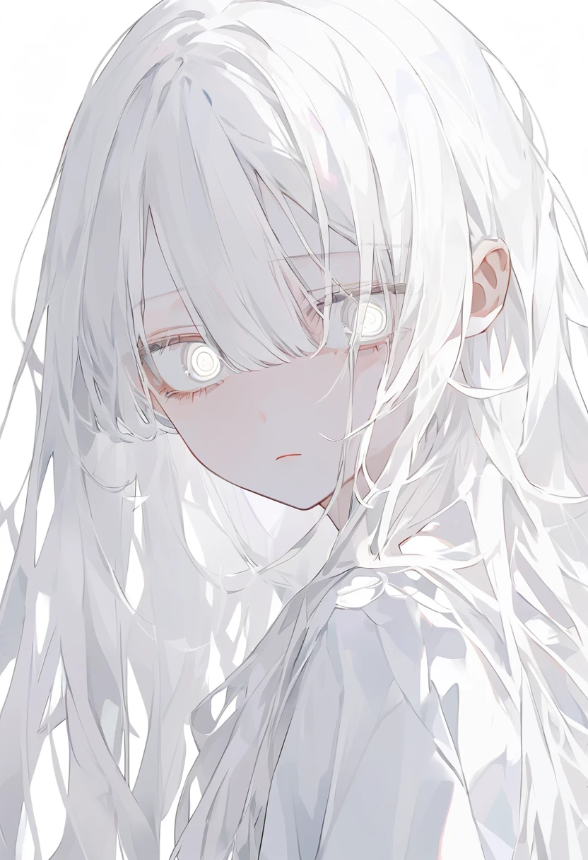 off white色、off white、Girl、Light white hair、Hair color is off white、Thin hair white、Long Hair、Eye color is pale white、Pale white eyes、Off-white eyes、All of the eyes are off white、All-white girl、off white色のGirl、White background、White background、White room、There are highlights on the eyes、emotionless