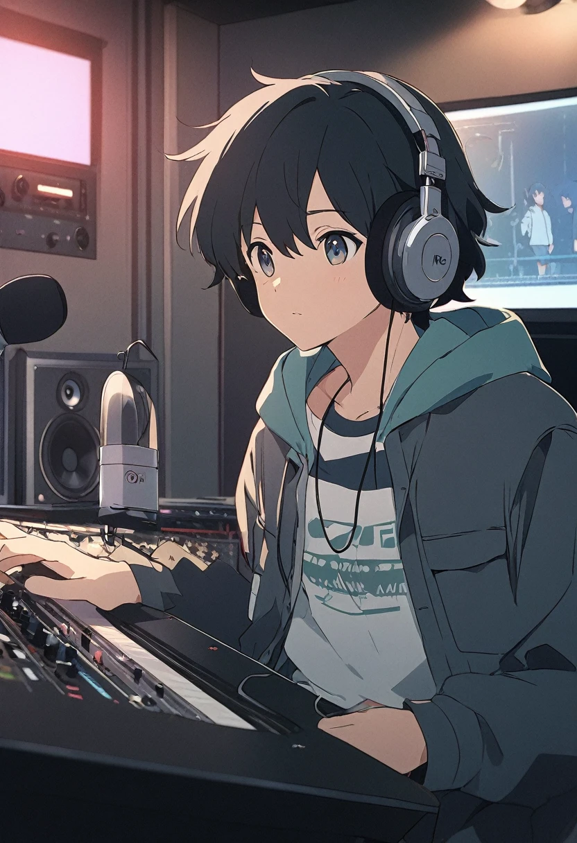 Handsome anime boy wearing headphones and recording a song in a recording studio, Lo-fi Girl, Lofi Artstyle, IG Studio Anime Style, Studio Greeble Makoto Shinkai, Conrad Rothe and Makoto Shinkai, Lofi Art, anime still film anime shikishi, Makoto Shinkai's art style, With headphones, Atei Gailan Style