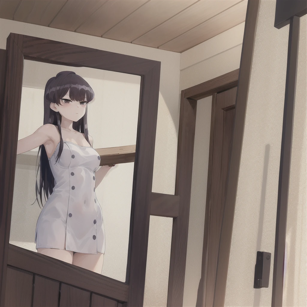 masterpiece, best quality, 1girl, solo, komi-san wa komyushou desu, ks, bath towel, looking at viewer, (bathroom), cowboy shot 