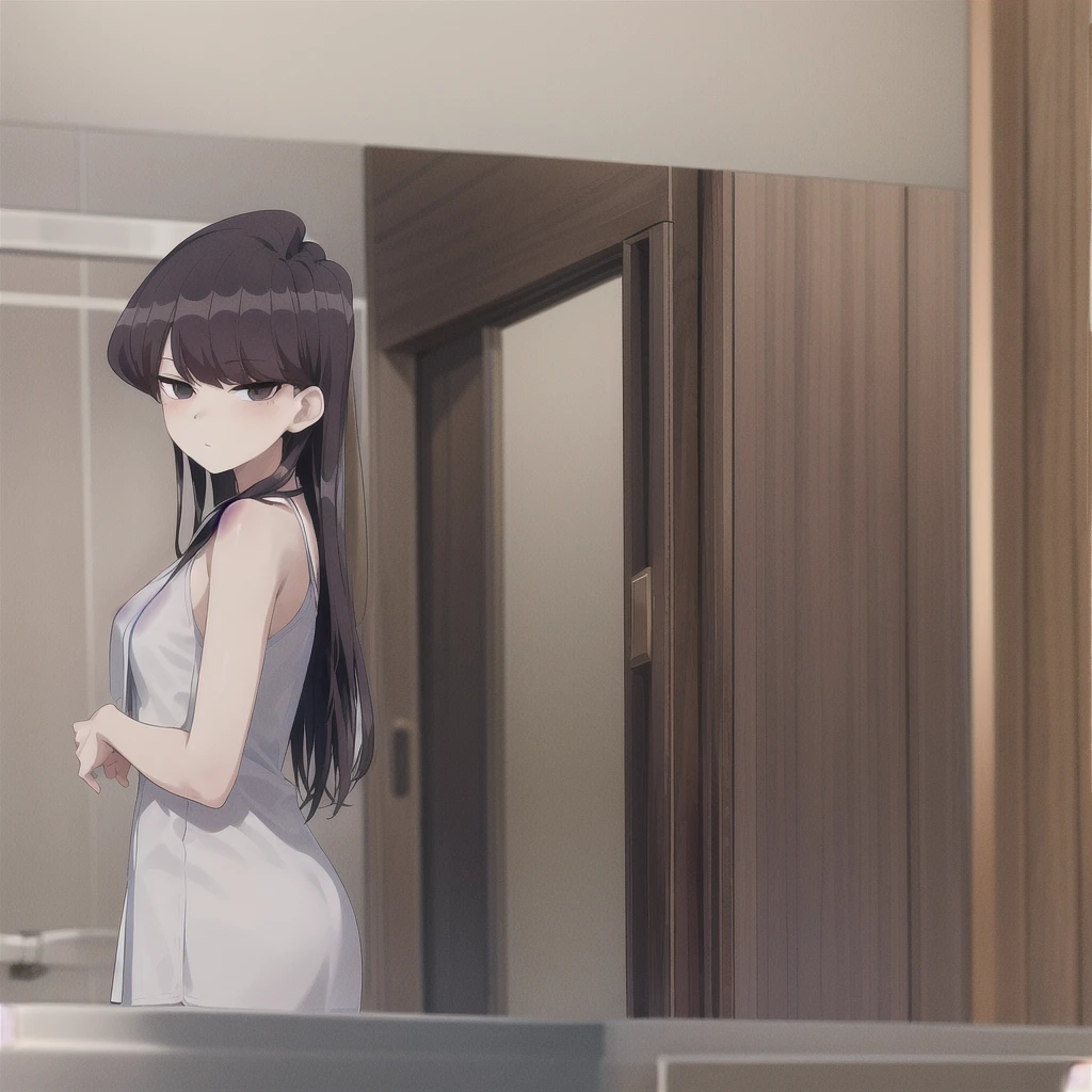 masterpiece, best quality, 1girl, solo, komi-san wa komyushou desu, ks, bath towel, looking at viewer, (bathroom), cowboy shot 