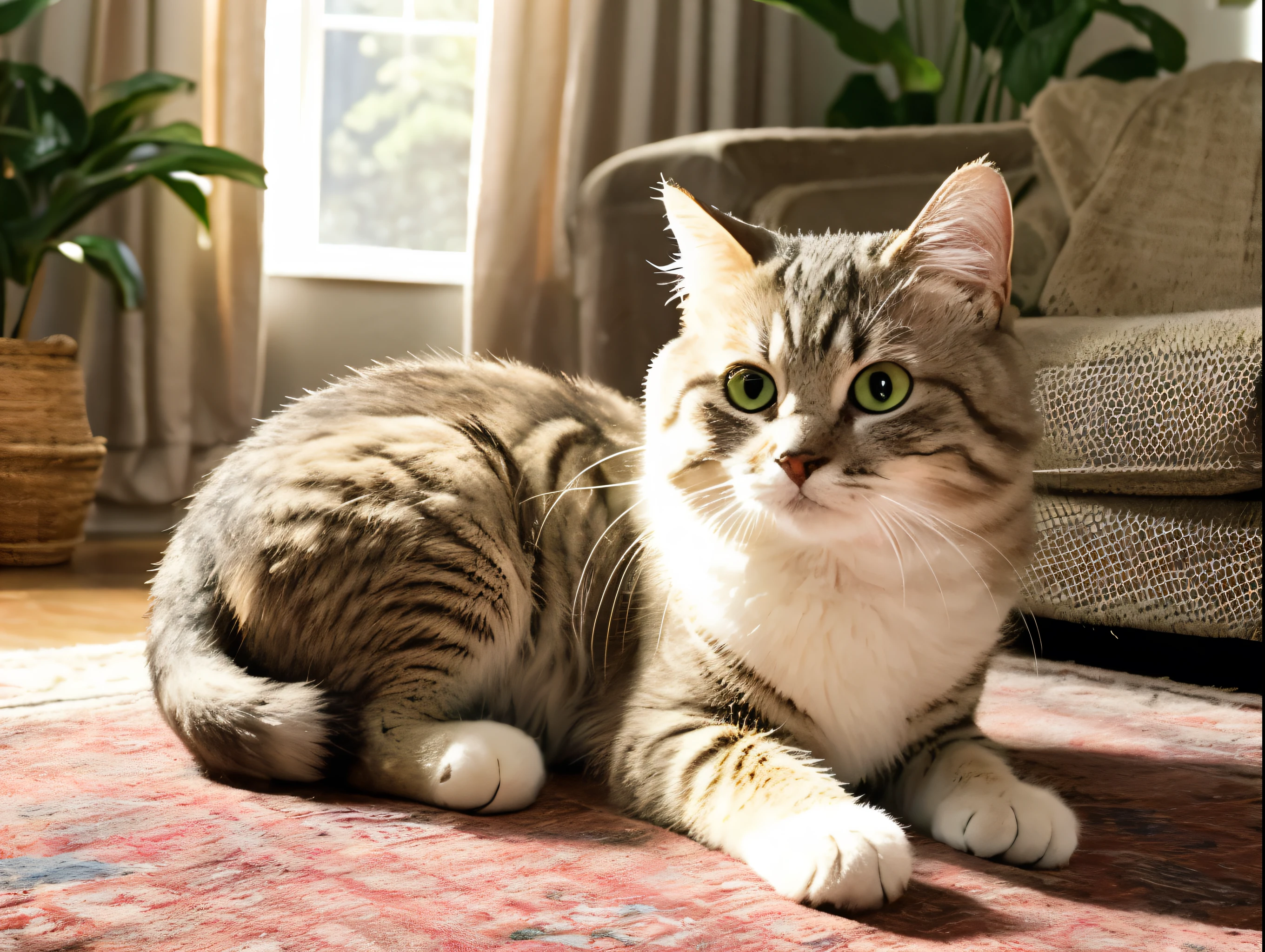 A charmingly mischievous kitten, playfully chasing after a sunbeam in a cozy living room. Its fluffy white fur contrasts beautifully with the vibrant floral rug underneath, while its bright green eyes sparkle with curiosity. The photograph captures the cat mid-pounce, showcasing its graceful movements and tiny, delicate paws. Each whisker seems to glisten in the soft light, adding to the overall enchanting atmosphere of the scene. This high-quality image perfectly conveys the irresistible charm of a cute little cat in its natural element.