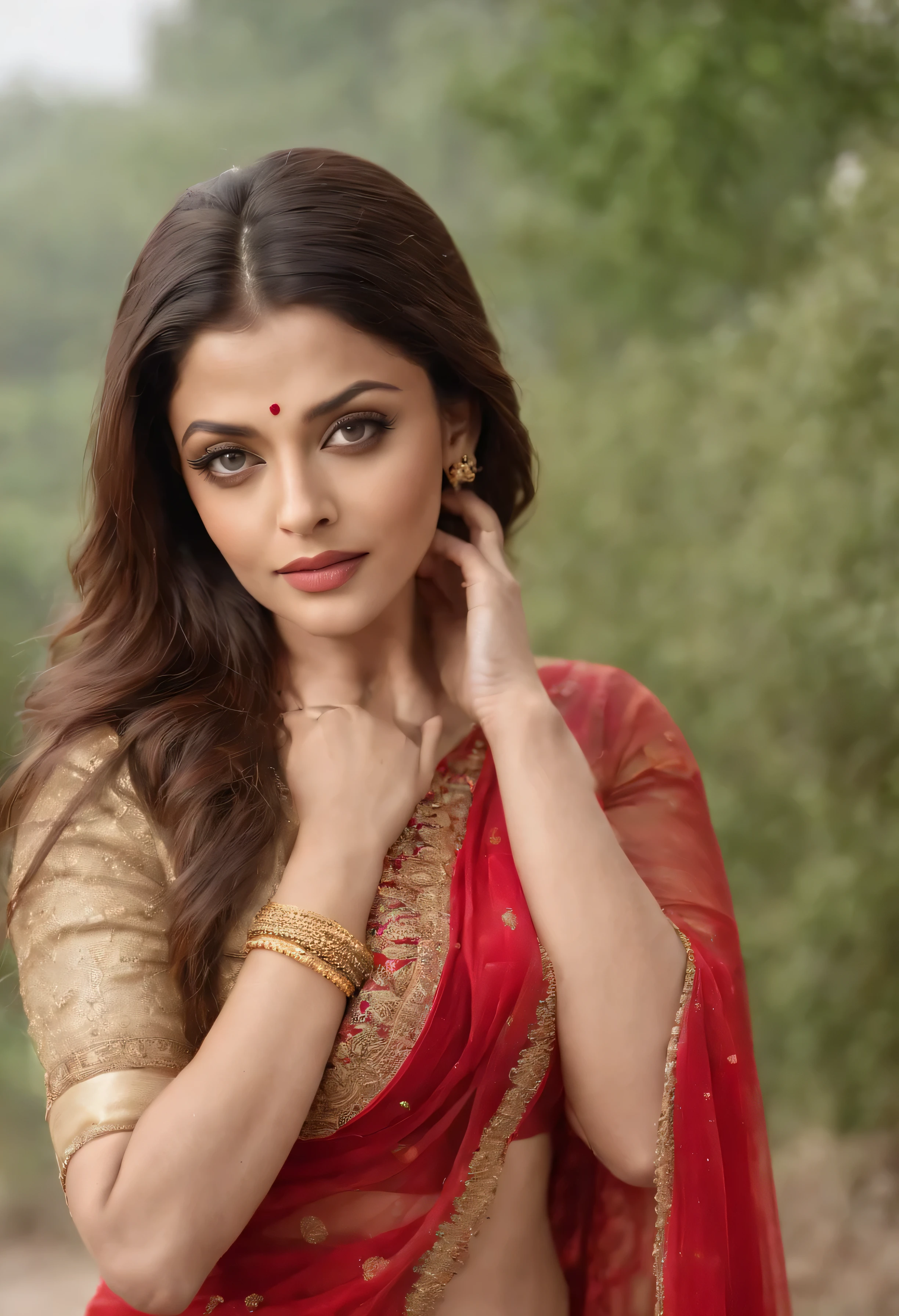 A cross between Aishwarya Rai Bachchan and Mila Kunis. Age 23, Fair indian skin, 36dd silicone , dress size 4. Full body view. Wearing a red and gold sari , dancing in the rain, low angle, breathtaking beauty, vibrant, cinematic, 8k, clear realistic eyes, fog background