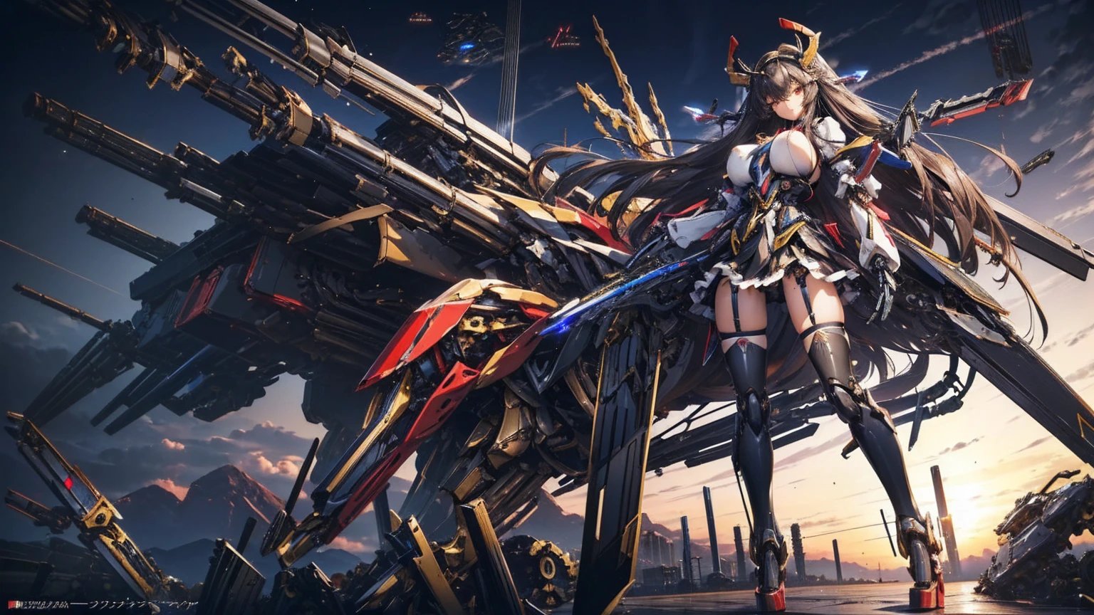 (masterpiece, top quality, best quality, official art, beautiful and aesthetic:1.0), (8k, best quality, masterpiece:1.2), (large breasts:1.2), long hair, black thighhighs, high heel, (microskirt:1.1), open clothes, garter belt, (mecha musume:1.4), (mechanical parts:1.7), tu-22 bomber,