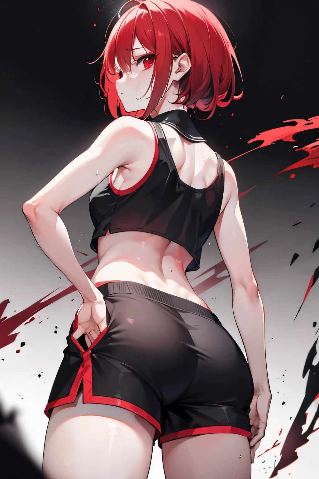 underdressing,indifferent,Red Eyes,Sweat,Soaked,liquid,transparent,Expression of disgust,Back,Cropped tops,shorts