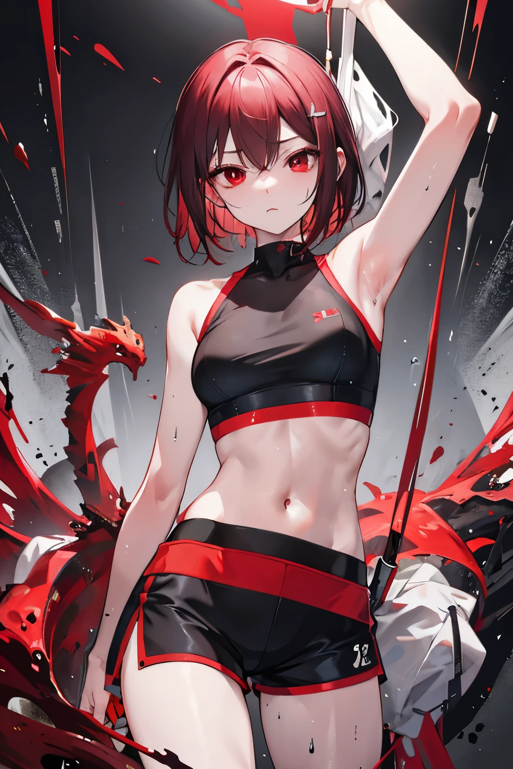 underdressing，indifferent，Red Eyes，Sweat，Soaked，liquid，transparent，Expression of disgust，Back，Cropped tops，shorts