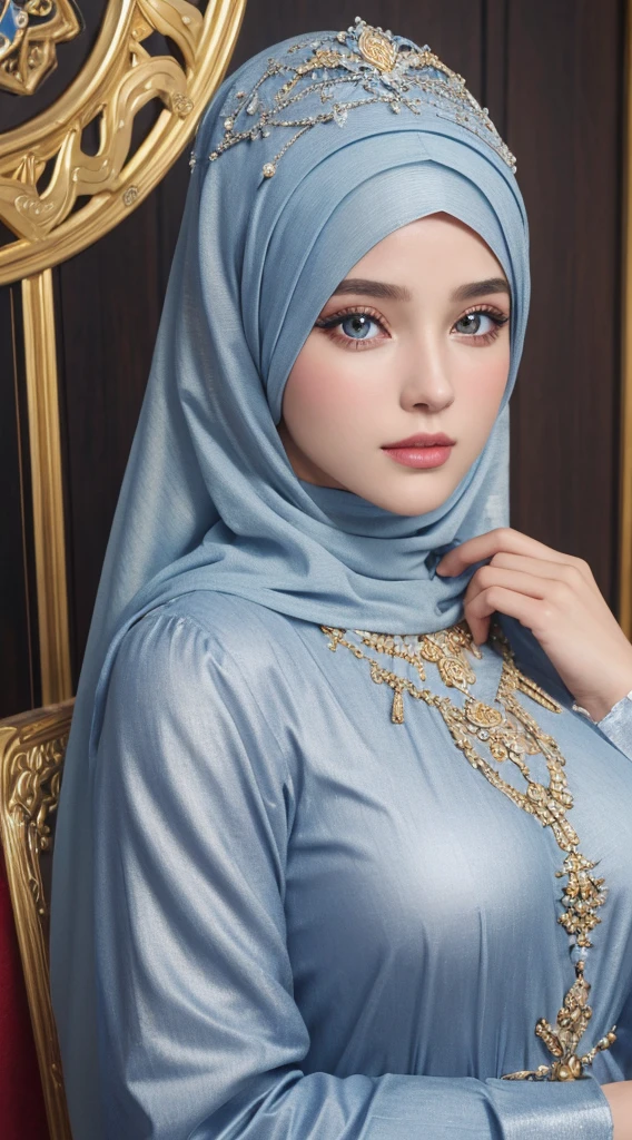 (master piece: 1.3), (8k, photoreallistic, Photo brute, beste-Qualit: 1.4), (1fille), beau visage, (realistic face), (cheveux rouges , cheveux long rouges1.3), belle coiffure, Realistic Crystal Brilliant Bright Eyes Bright, beautiful detailed eyes ،red eyes, brilliant indonesia beauty, (realistic skin), belle peau, (tirer), absurdes, attrayant, ultra highres, ultra realist, highly detailed, silver hair, Golden number wearing a arabic Islamic caftan outfit half red half blue with hijab,