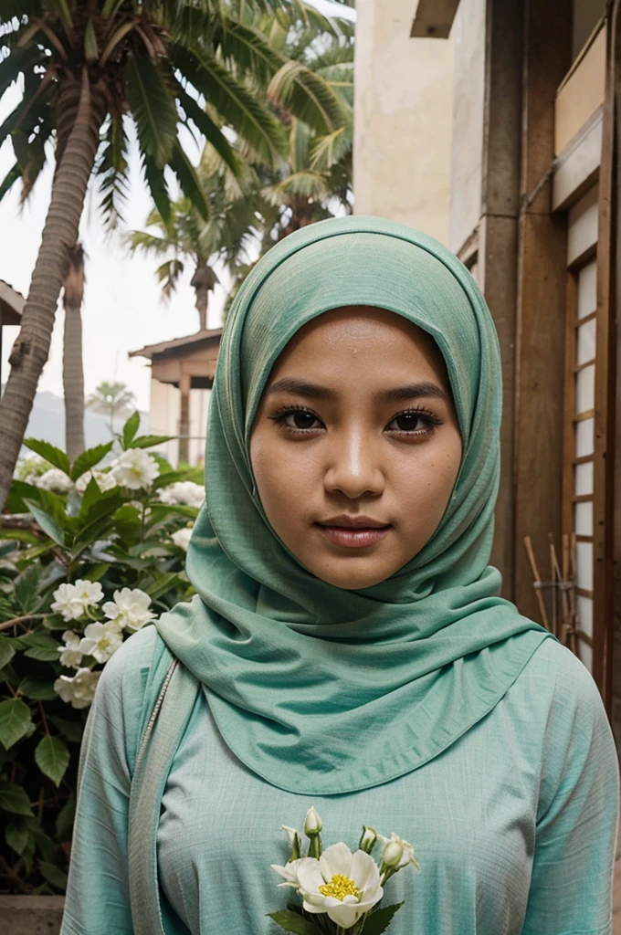 foto cewek asli memakai hijab bermahkota bunga berfoto dengan sapi kambing unta dengan memakai baju muslim berwarna putih
