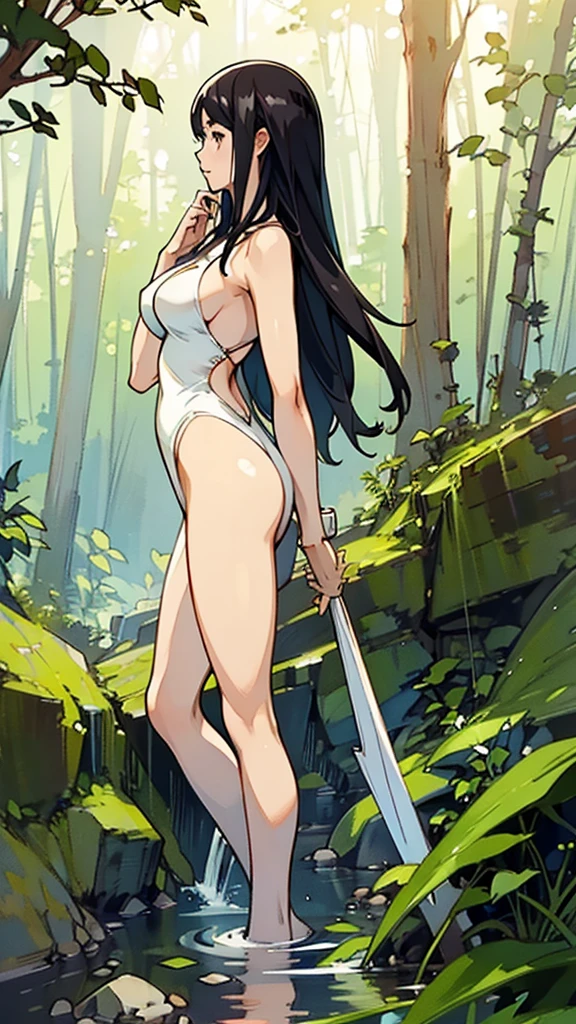 White high leg swimsuit、Large Breasts、profile、Upper Body、Black Hair、23 years old、forest、