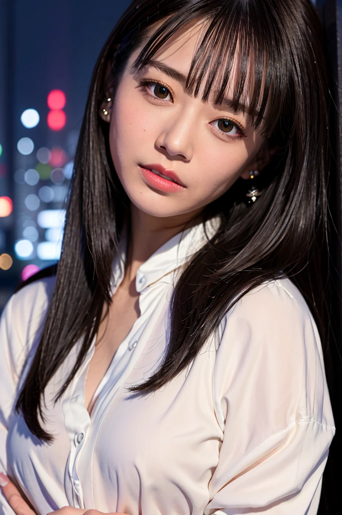 Nikon RAW Photos,8k yen,Fujifilm XT3,masterpiece, highest quality, Realistic, photoRealistic,Super detailed,One girl,alone,
Close-up portrait,

Diamond Stud Earrings, long, straight black hair, Hazel Eyes, Serious expression, Black blazer ,White shirt, White blouse, Standing against the backdrop of the night city skyline ,


Ayaka 1, 