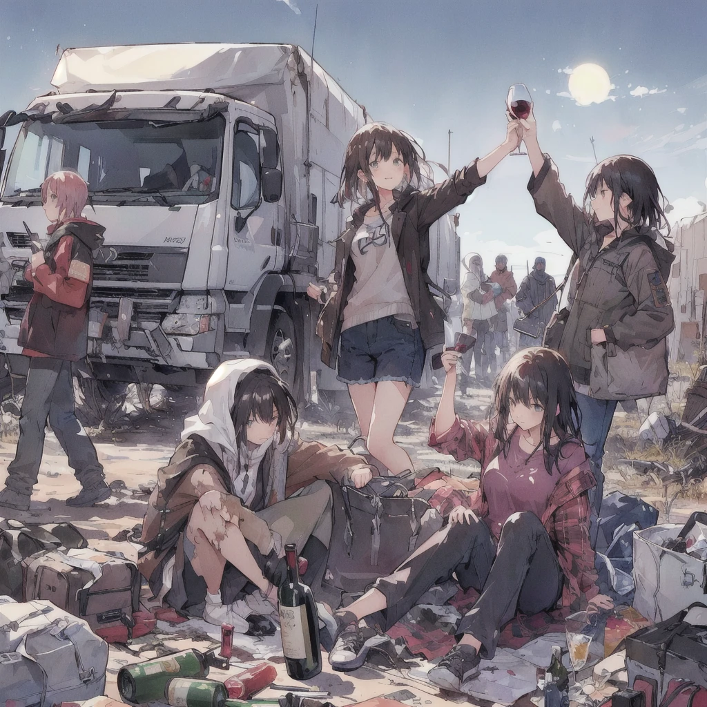 Group of refugees sitting on the ground holding wine, smile,Dirty clothes,War-torn land,Old Truck,Josan Gonzalez, Josan Gonzalez, inspired Josan Gonzalez, posuka demizu, Yoji Shinkawa and Joff Darrow, Then Martin, Gweitz, artwork in the style of Gweitz, Josan Gonzalez!!!, 4K Manga Wallpapers, Great art style